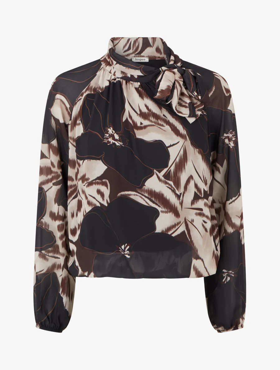 Blouse en voile imprimé floral à nouer - Noir