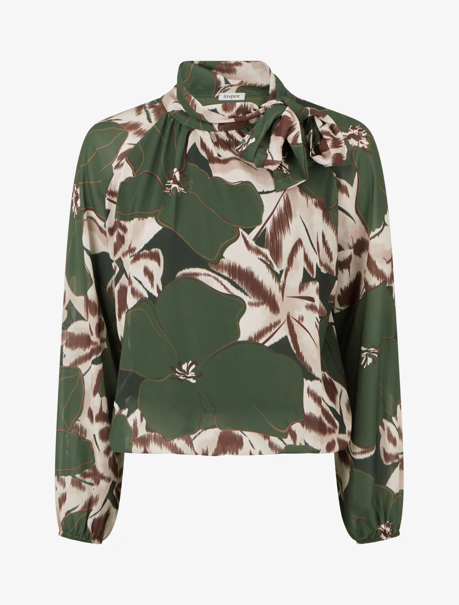 Blouse en voile imprimé floral à nouer - Kaki