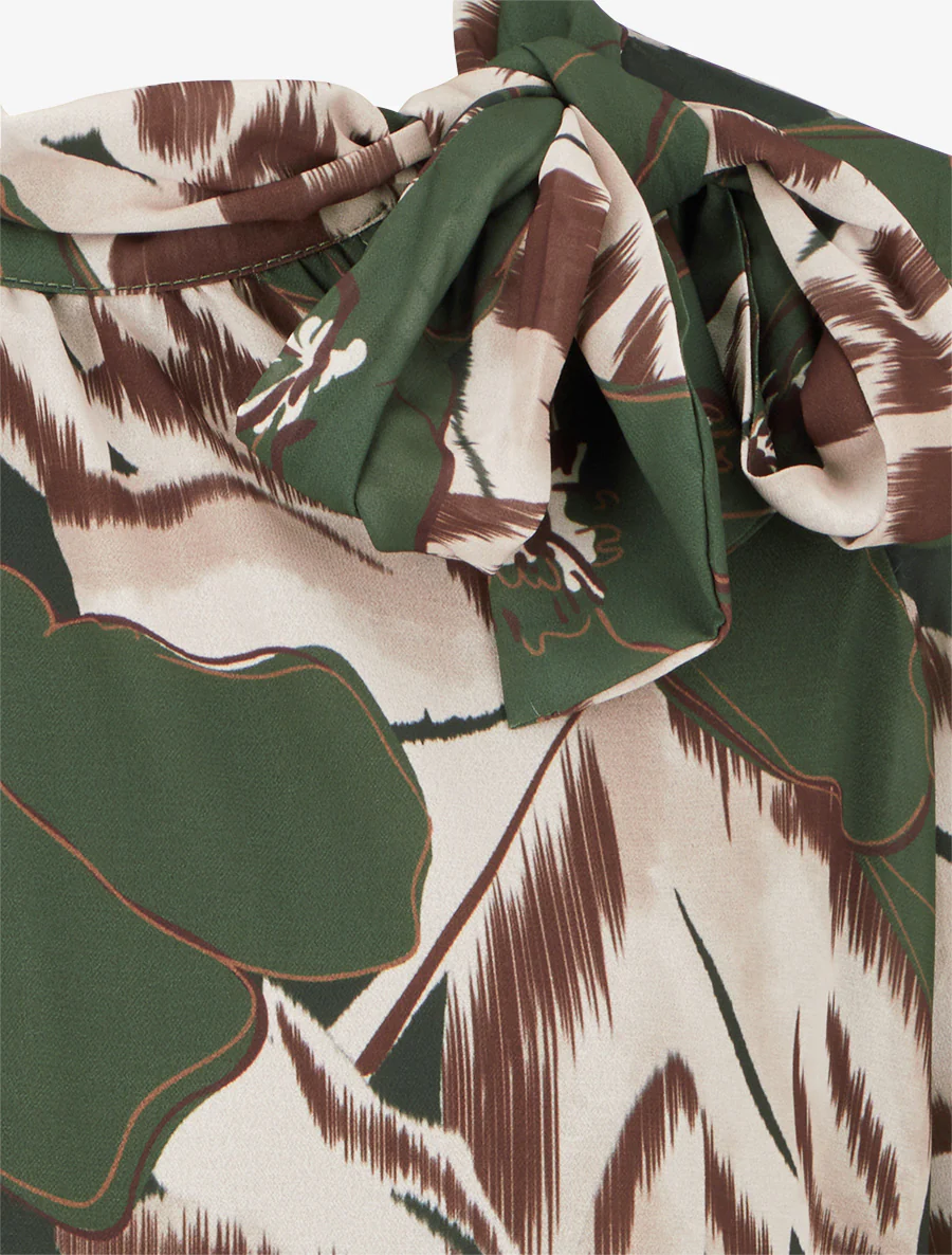 Blouse en voile imprimé floral à nouer - Kaki - Image 3