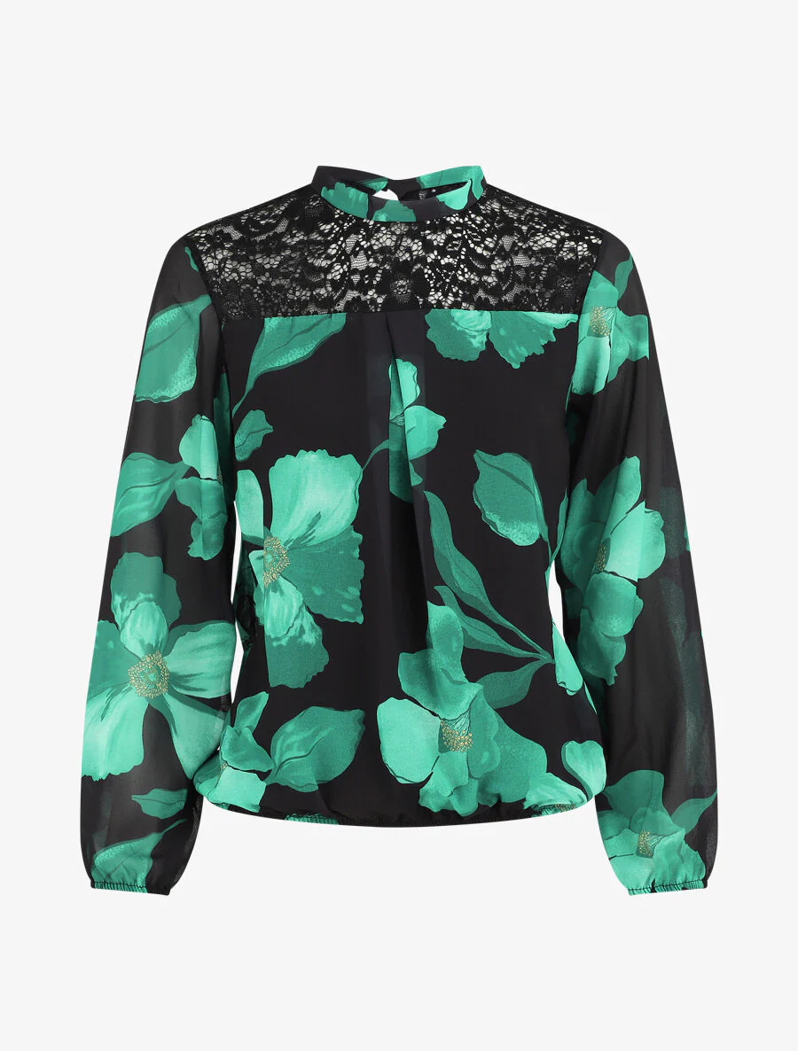Blouse en voile imprimé grandes fleurs - Noir
