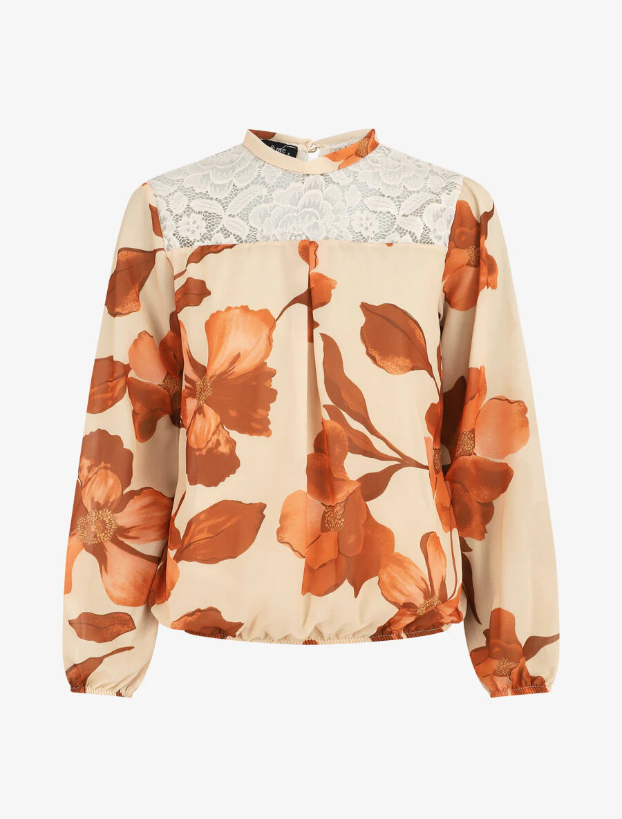 Blouse en voile imprimé grandes fleurs - Beige