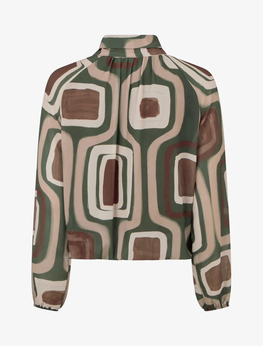 Blouse en voile imprimé rétro à nouer - Kaki - Image 2