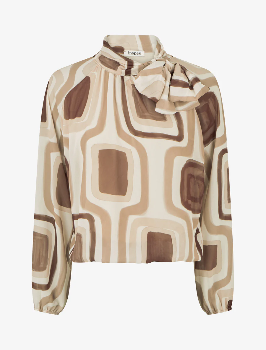 Blouse en voile imprimé rétro à nouer - Beige