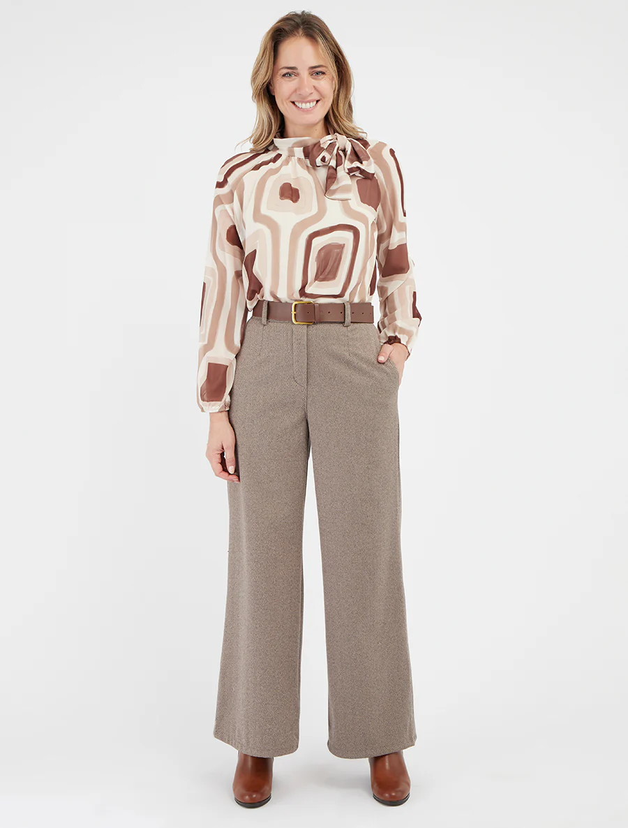 Blouse en voile imprimé rétro à nouer - Beige - Image 4