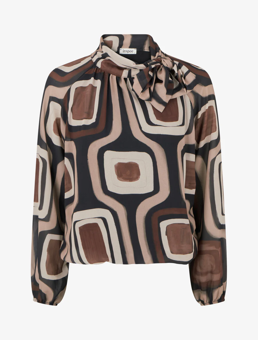 Blouse en voile imprimé rétro à nouer - Noir