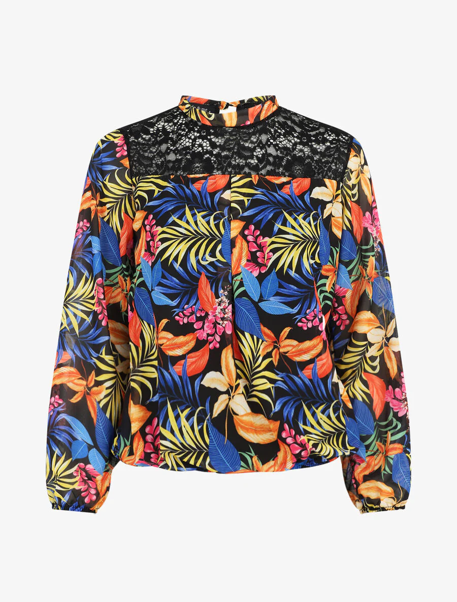Blouse en voile imprimé tropical - Noir