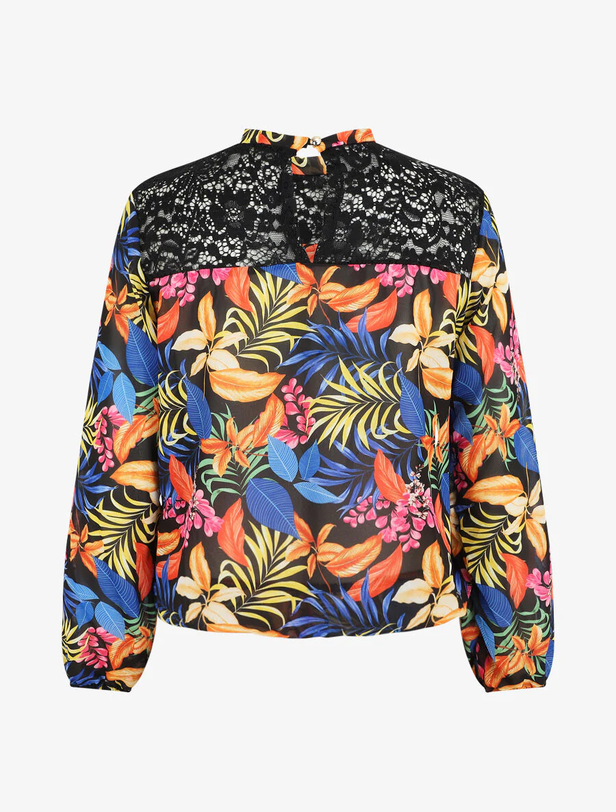 Blouse en voile imprimé tropical - Noir - Image 2