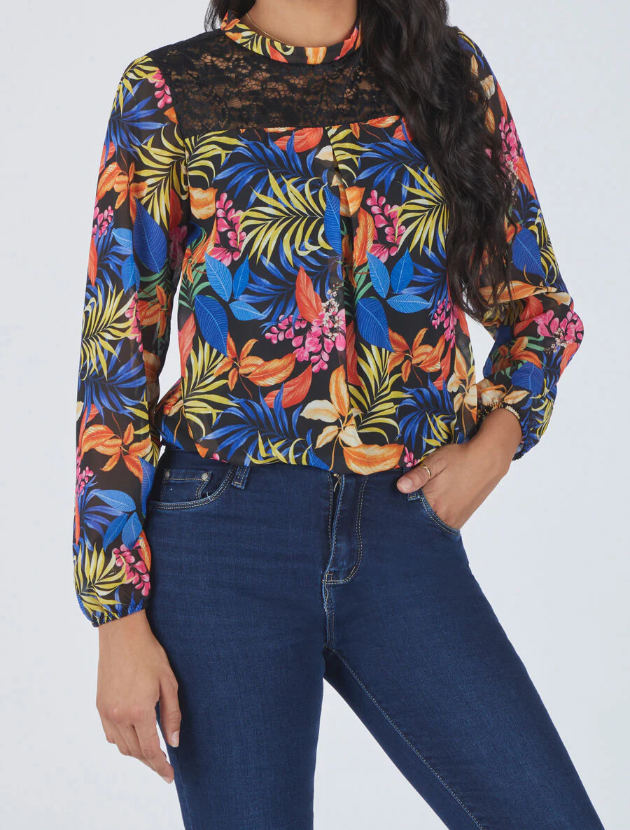 Blouse en voile imprimé tropical - Noir - Image 4