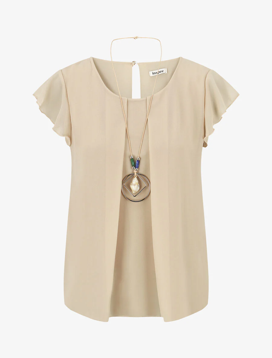 Blouse en voile transparente à manches volantées - Beige
