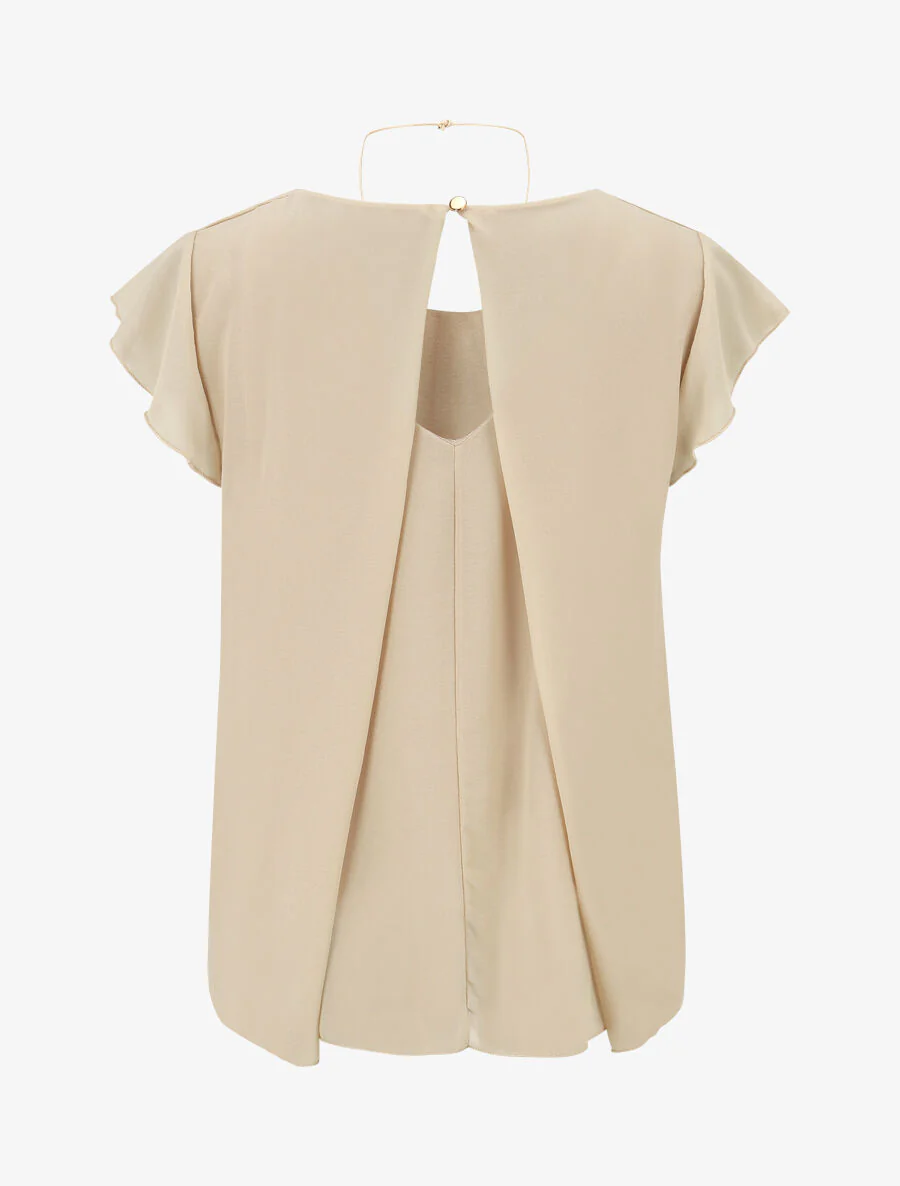 Blouse en voile transparente à manches volantées - Beige - Image 2