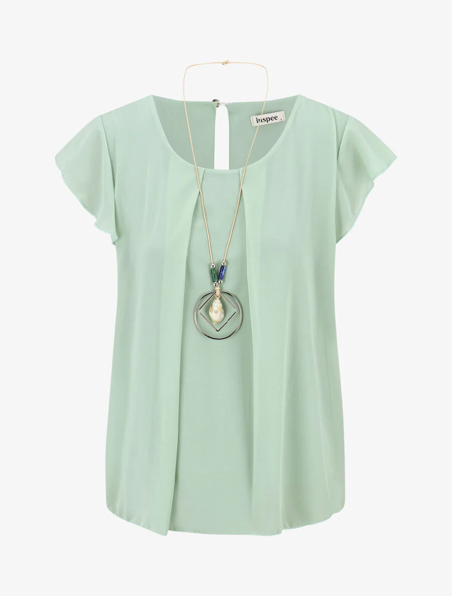 Blouse en voile transparente à manches volantées - Vert d'eau