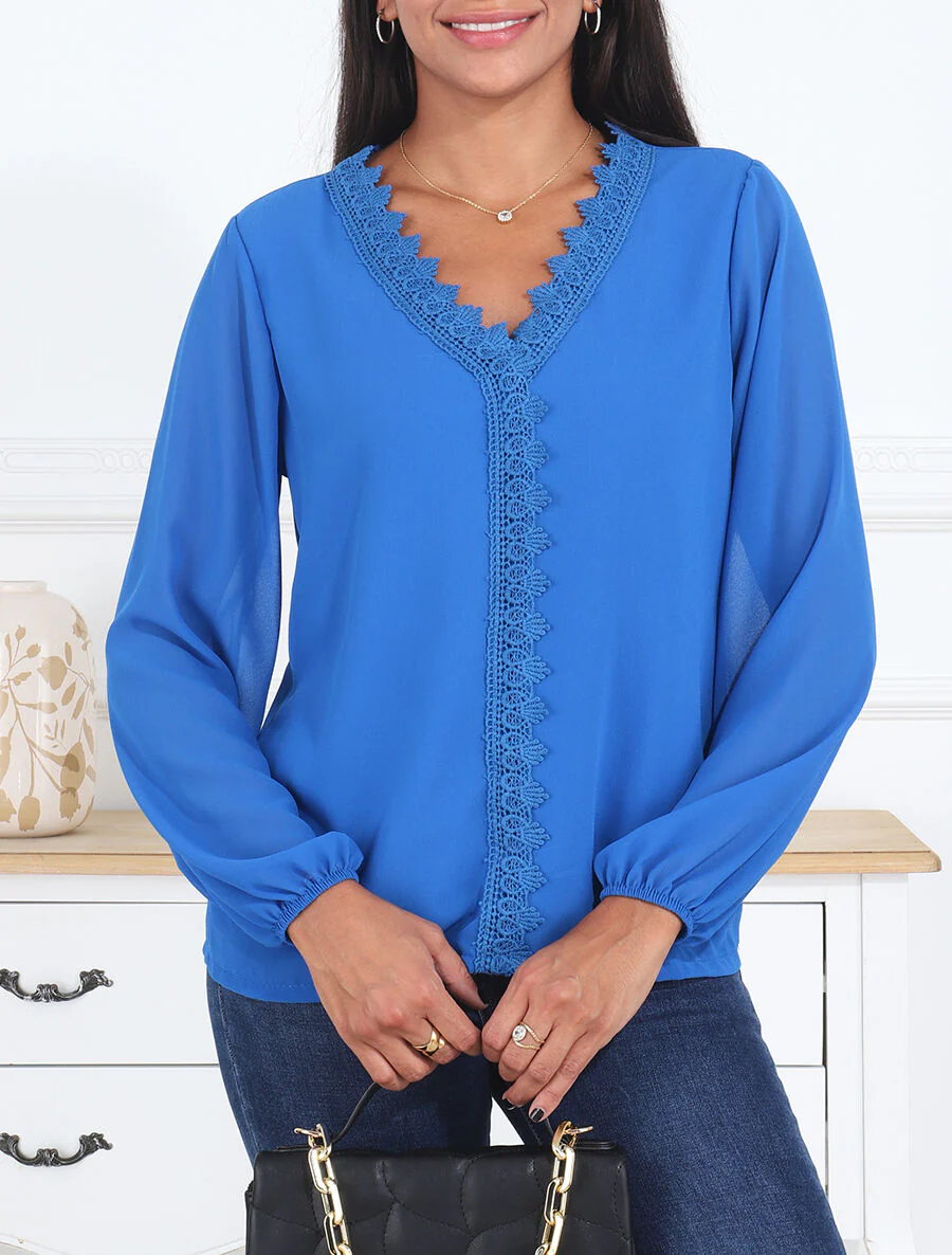 Blouse en voile unie à col brodé - Bleu roi - Image 4