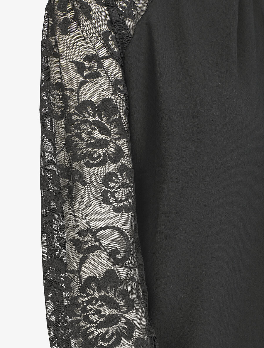 Blouse en voile unie à manches en dentelle - Noir - Image 3