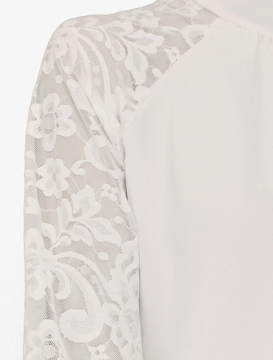 Blouse en voile unie à manches en dentelle - Blanc - Image 3
