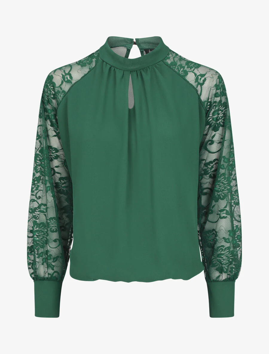 Blouse en voile unie à manches en dentelle - Vert sapin