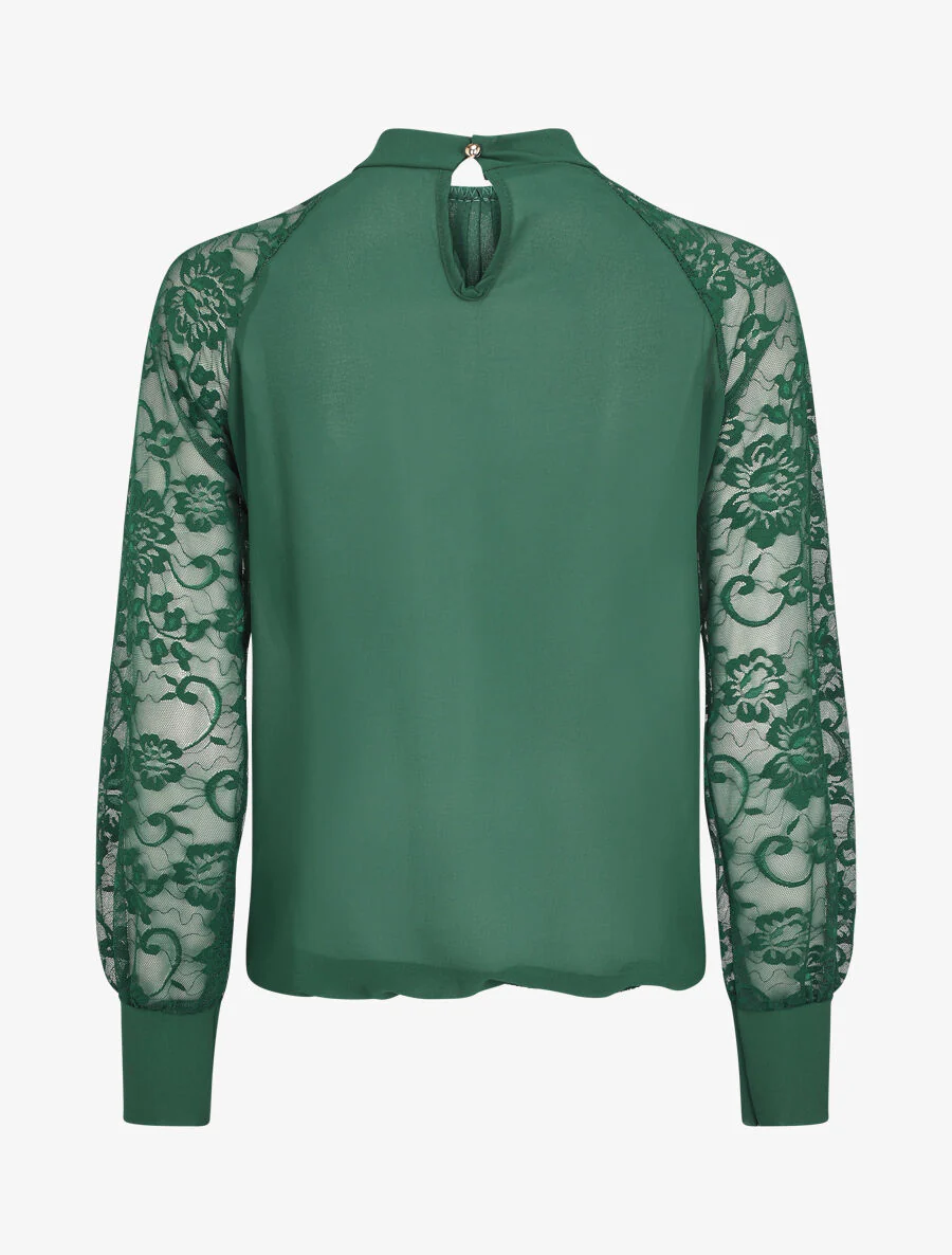Blouse en voile unie à manches en dentelle - Vert sapin - Image 2