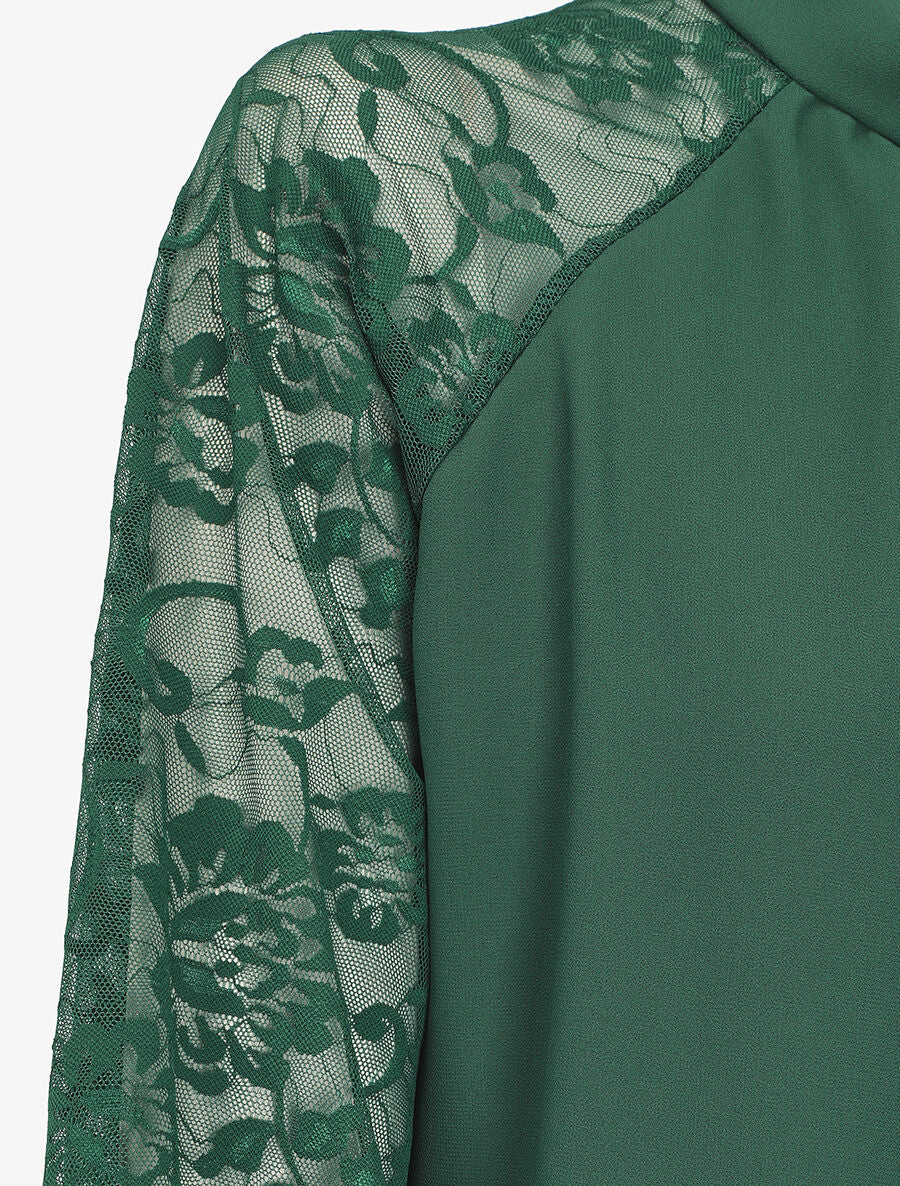 Blouse en voile unie à manches en dentelle - Vert sapin - Image 3