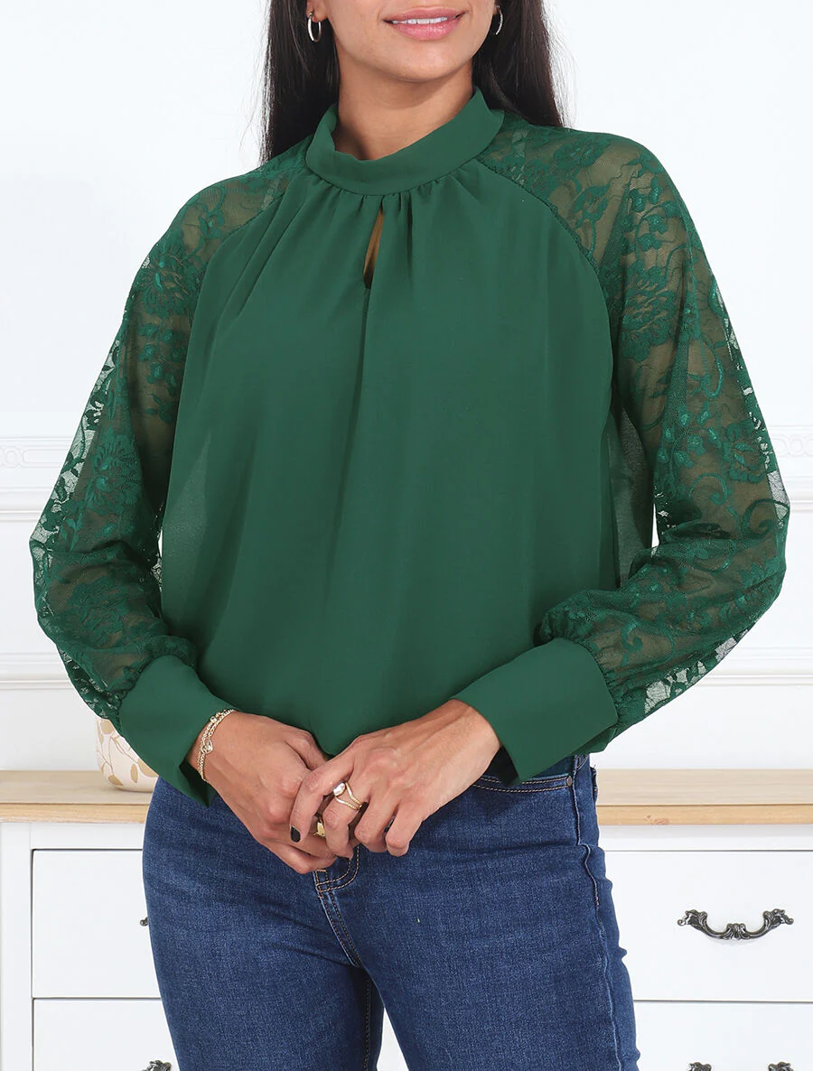 Blouse en voile unie à manches en dentelle - Vert sapin - Image 4
