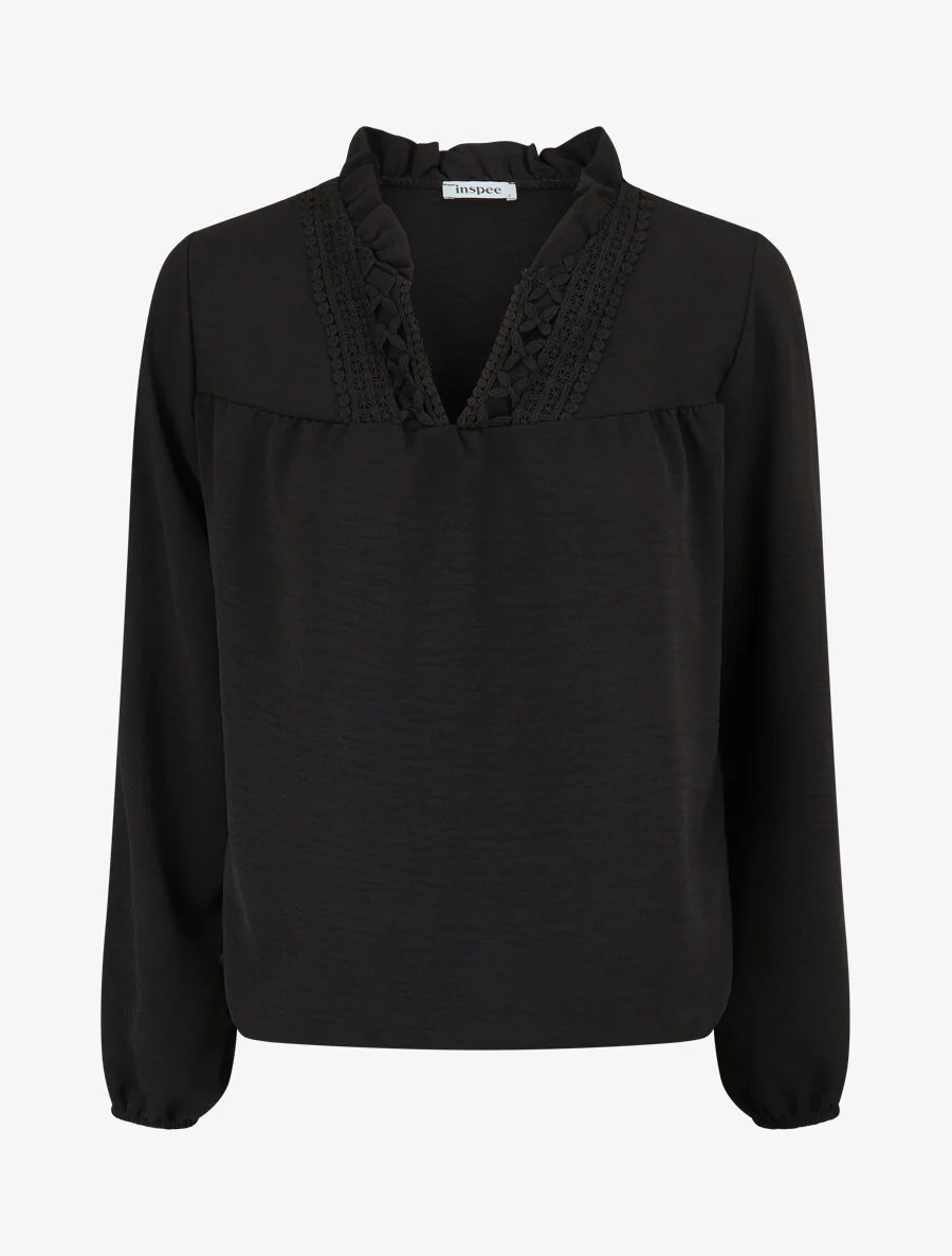 Blouse fluide à col V brodé - Noir