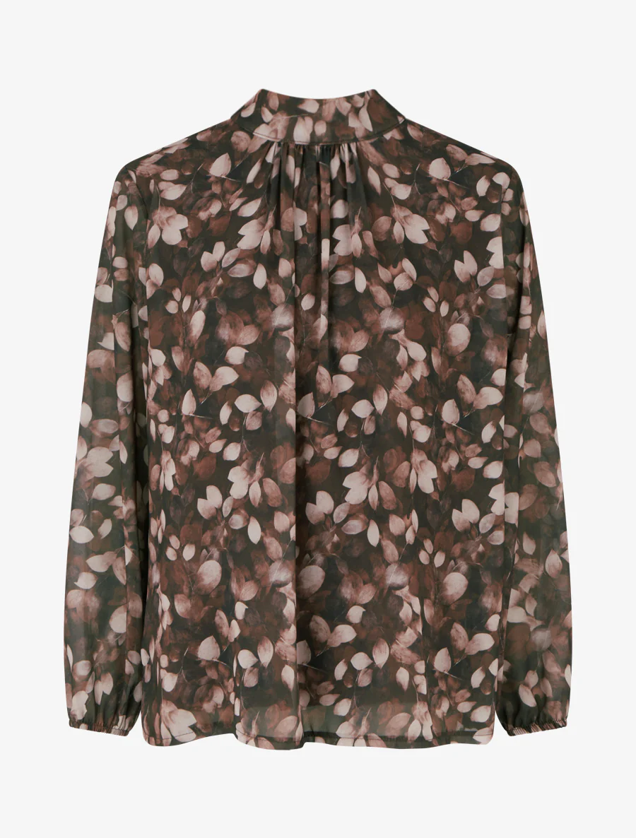 Blouse fluide imprimé feuilles à liens - Marron