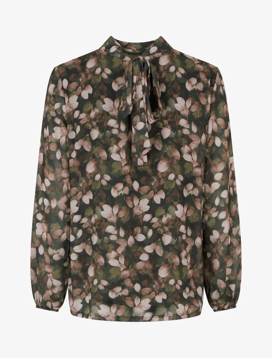 Blouse fluide imprimé feuilles à liens - Kaki - Image 2