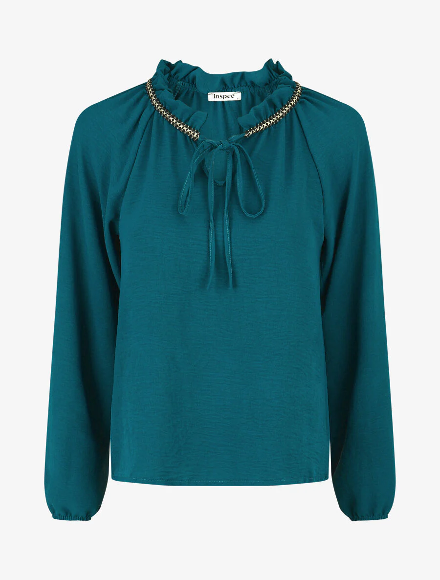 Blouse fluide unie à détail irisé - Bleu canard