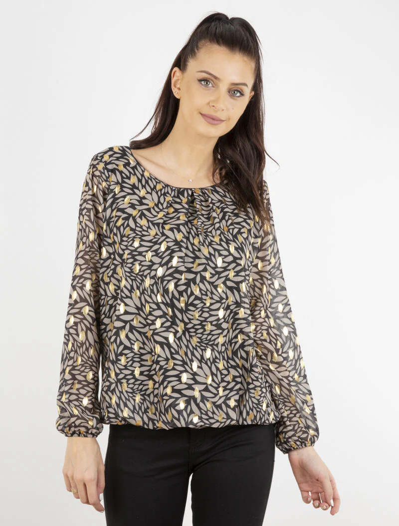 Blouse imprimé feuilles et dorures - noir