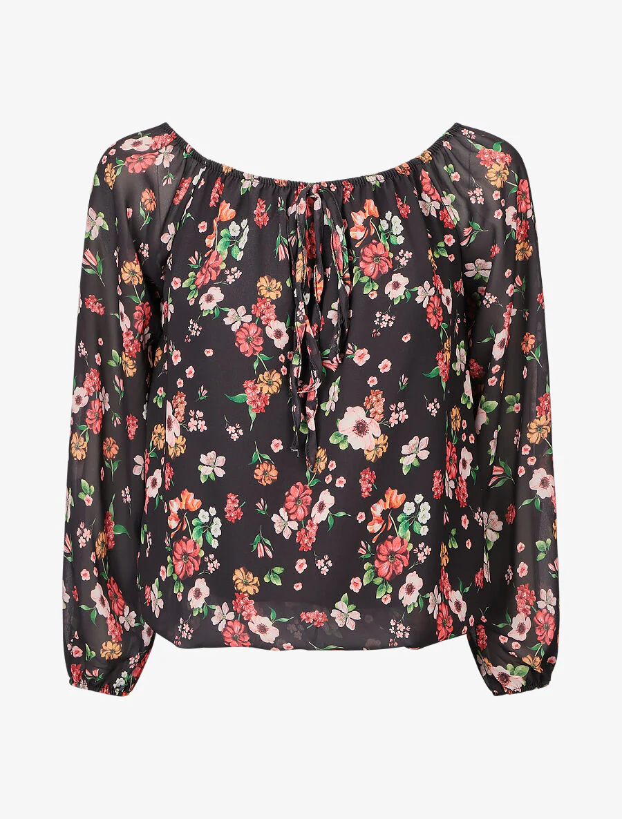 Blouse imprimé fleuri à manches transparentes - Noir