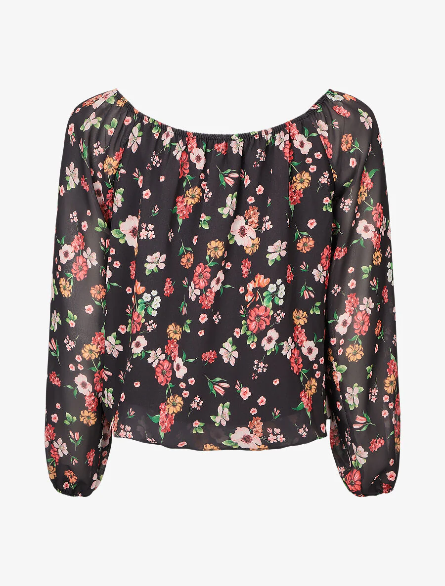 Blouse imprimé fleuri à manches transparentes - Noir - Image 2