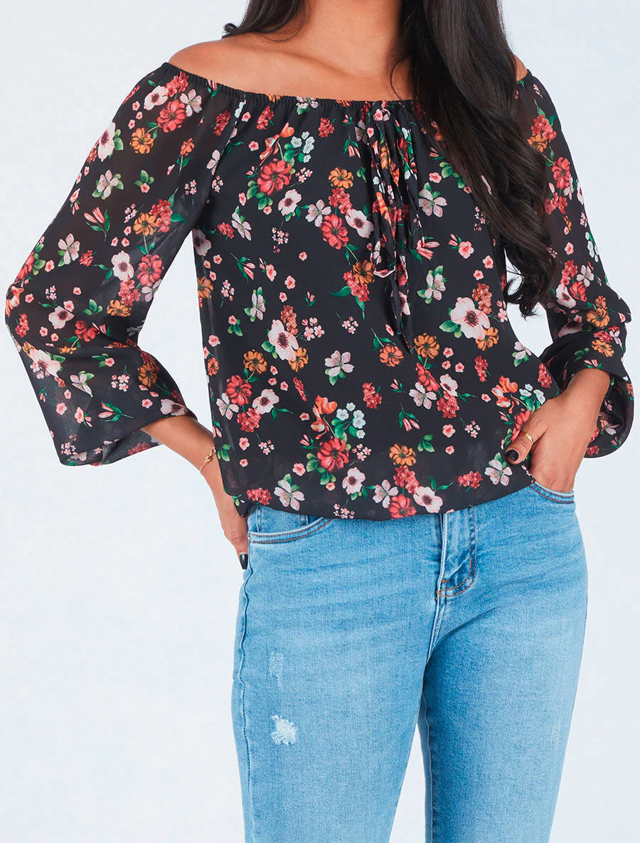 Blouse imprimé fleuri à manches transparentes - Noir - Image 4