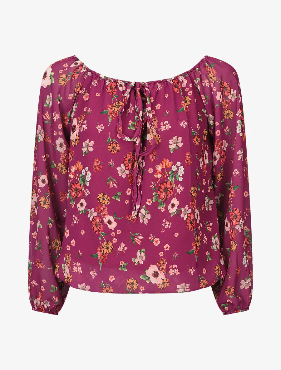 Blouse imprimé fleuri à manches transparentes - Mauve