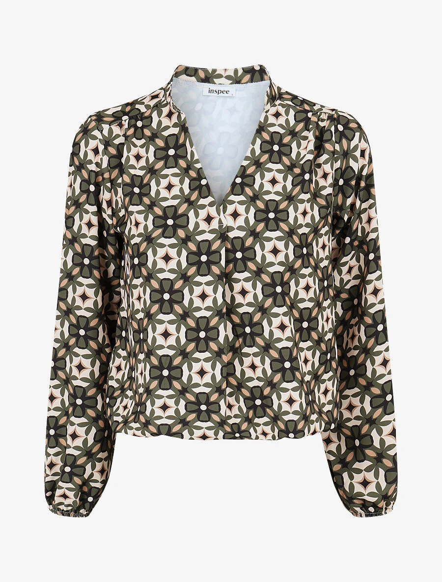 Blouse imprimé fleurs graphiques - Kaki