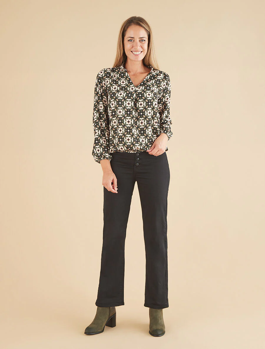 Blouse imprimé fleurs graphiques - Kaki - Image 4