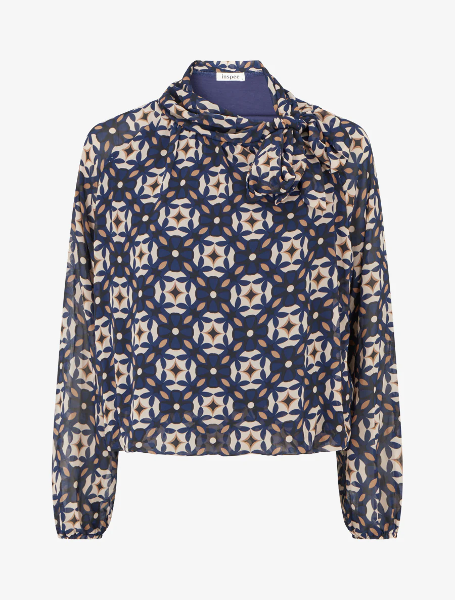 Blouse imprimé rétro à nouer - Marine