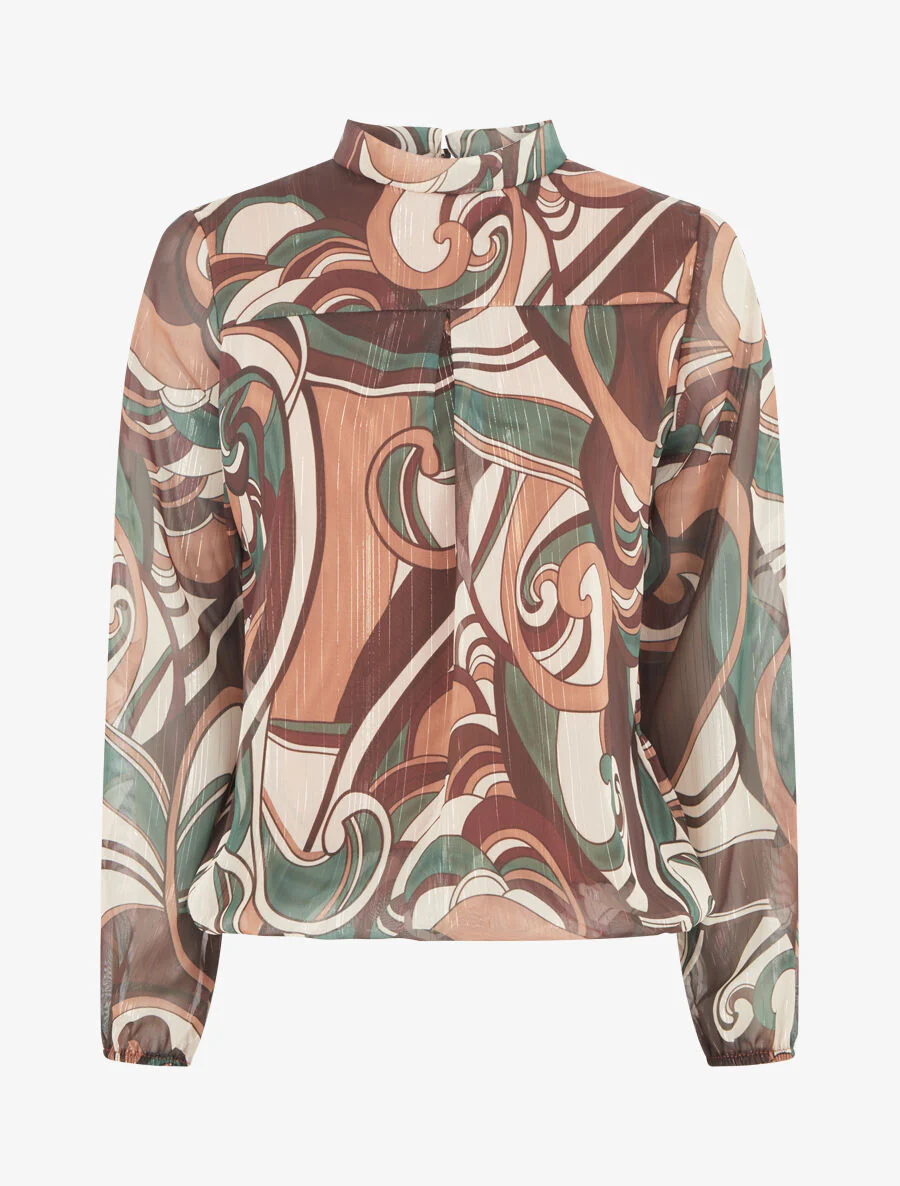 Blouse irisée et imprimé graphique - Marron