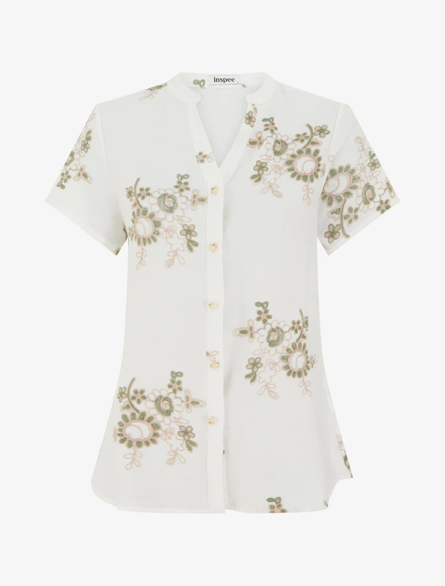 Blouse manches courtes à broderies fleuries - Blanc