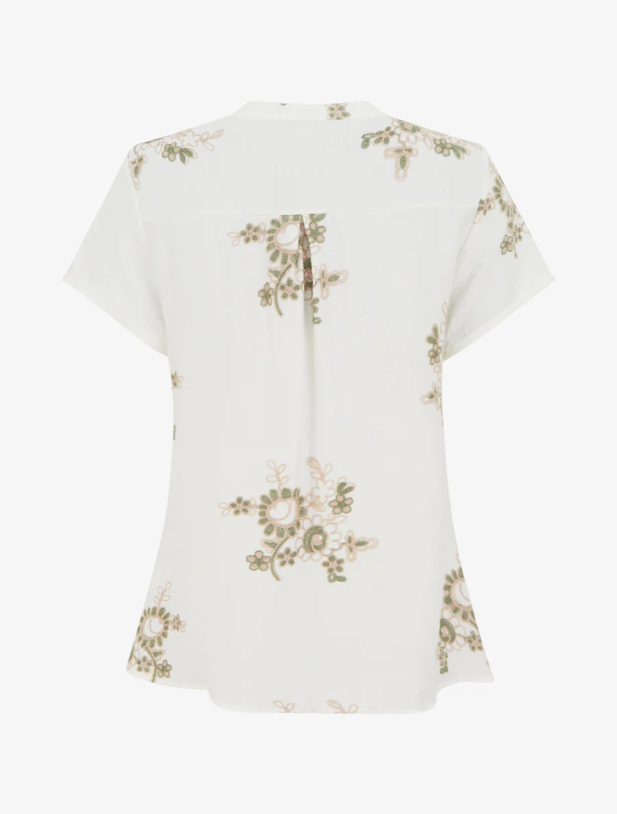 Blouse manches courtes à broderies fleuries - Blanc - Image 2