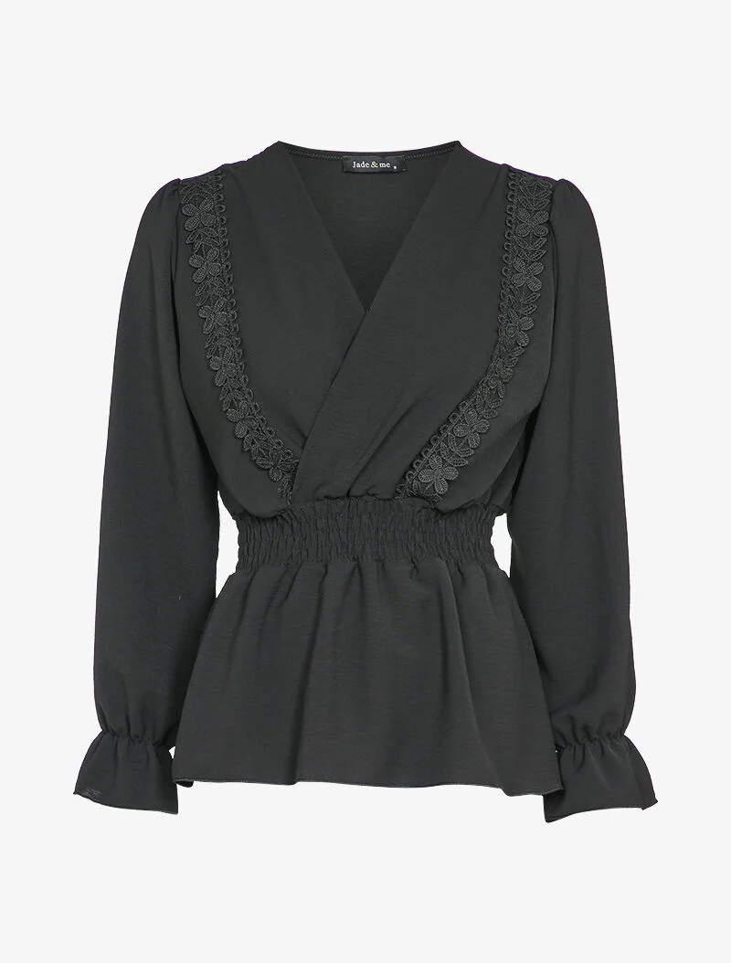 Blouse péplum ornée de borderies - Noir