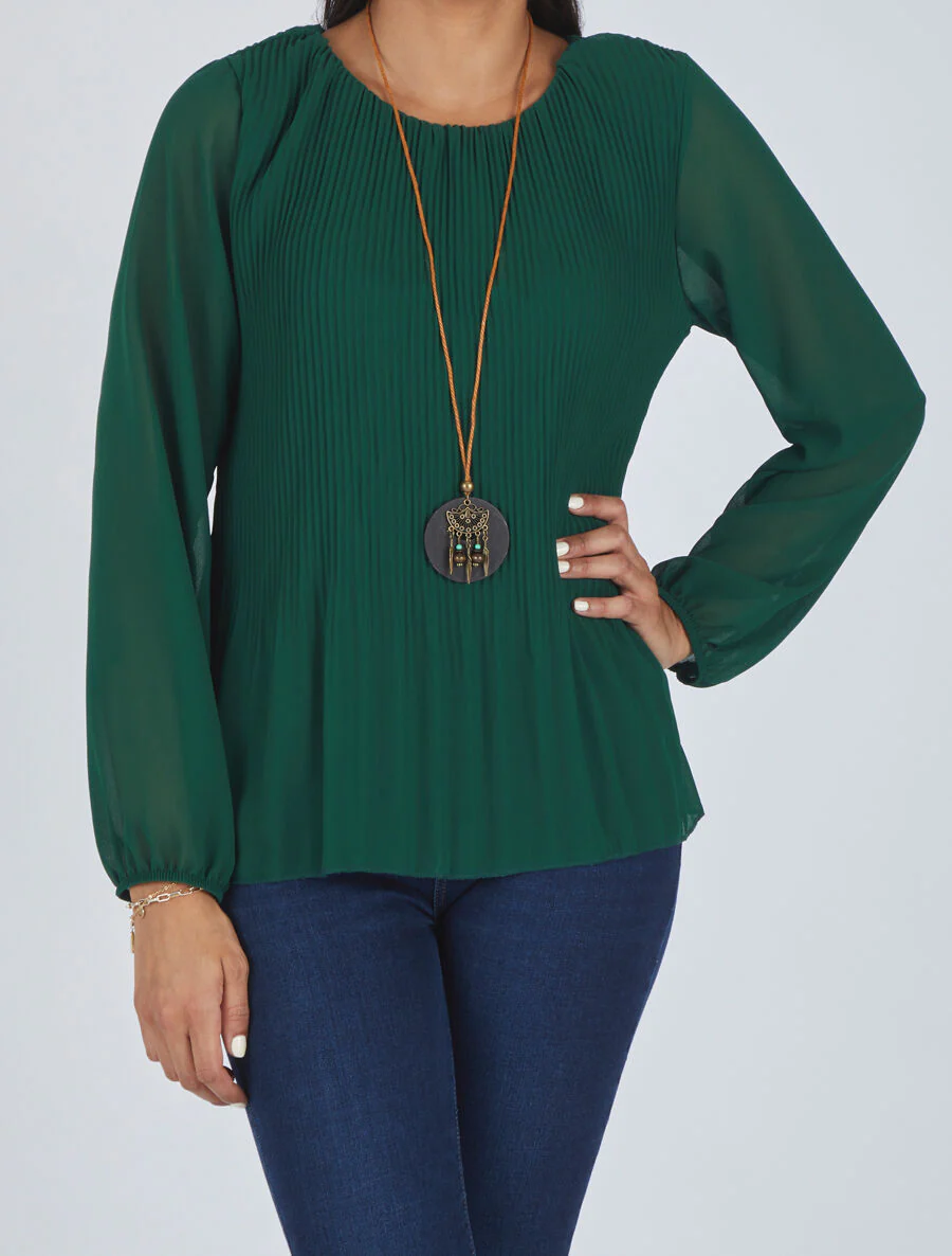 Blouse plissée à manches longues - Vert bouteille - Image 4