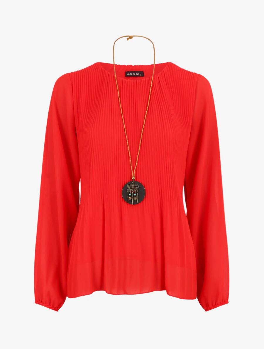 Blouse plissée à manches longues - Rouge