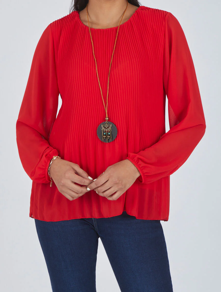 Blouse plissée à manches longues - Rouge - Image 4