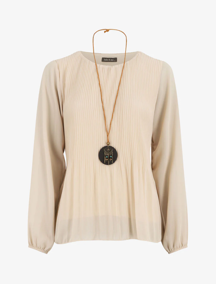 Blouse plissée à manches longues - Beige