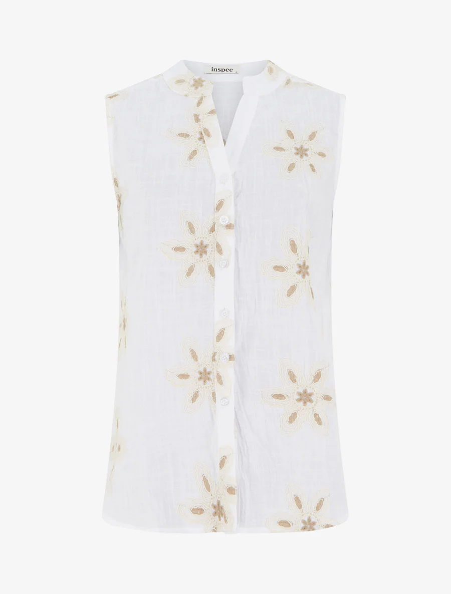 Blouse sans manches à broderies fleuries - Blanc