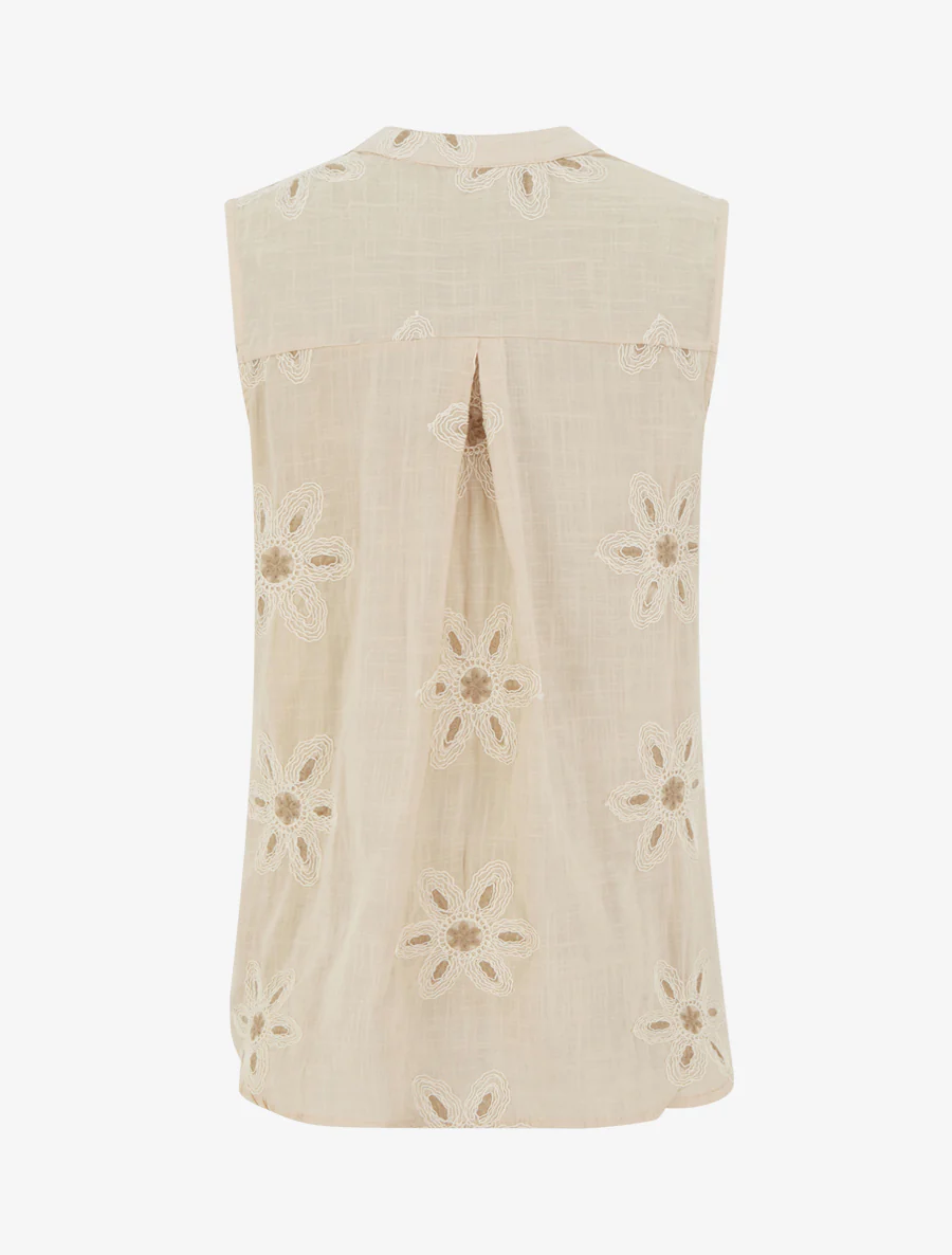 Blouse sans manches à broderies fleuries - Beige - Image 2