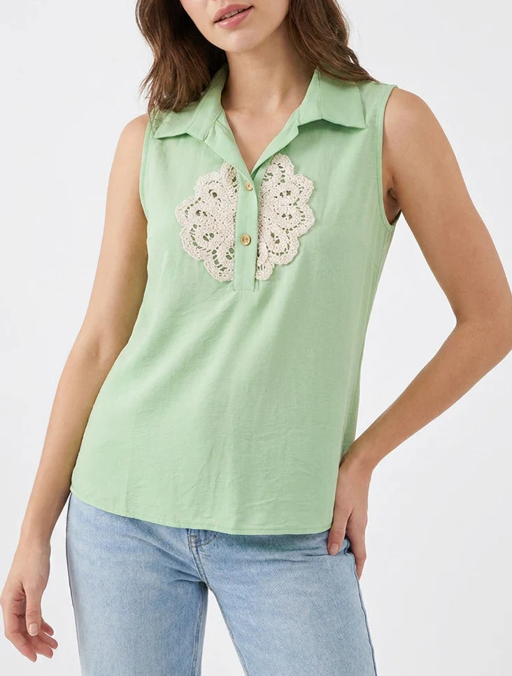 Blouse sans manches à empiècement crochet - Vert pomme - Image 4