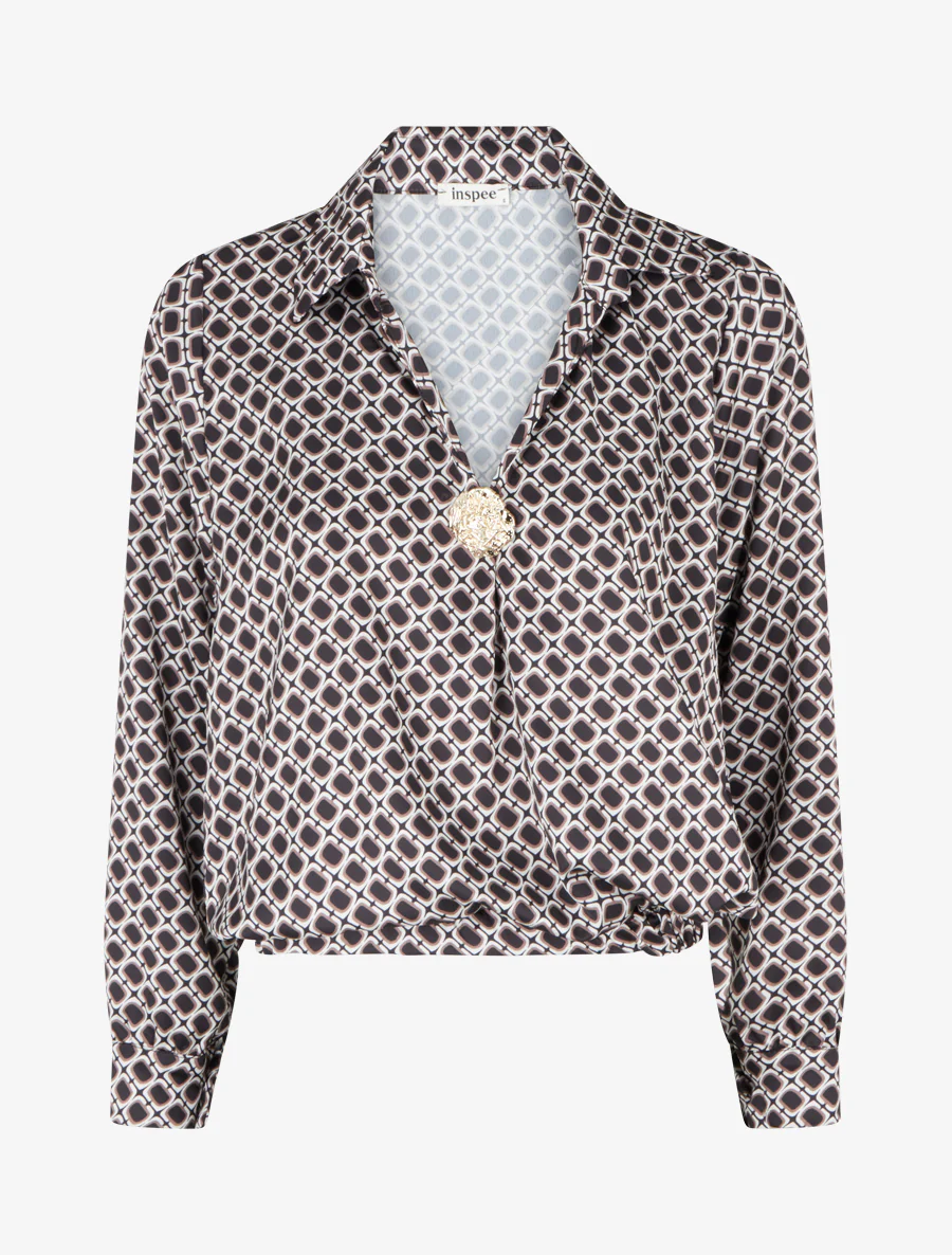 Blouse satinée imprimé 70's - Noir