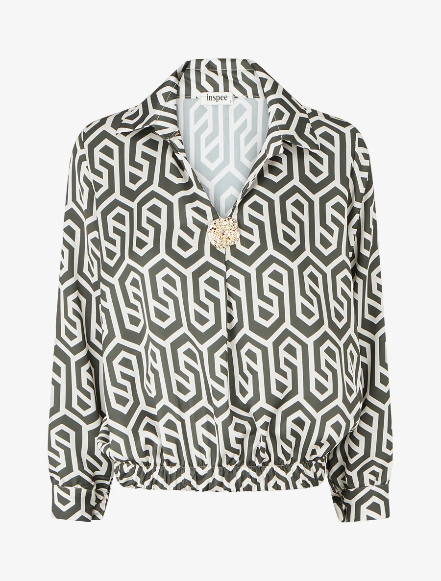 Blouse satinée imprimé rétro - Kaki