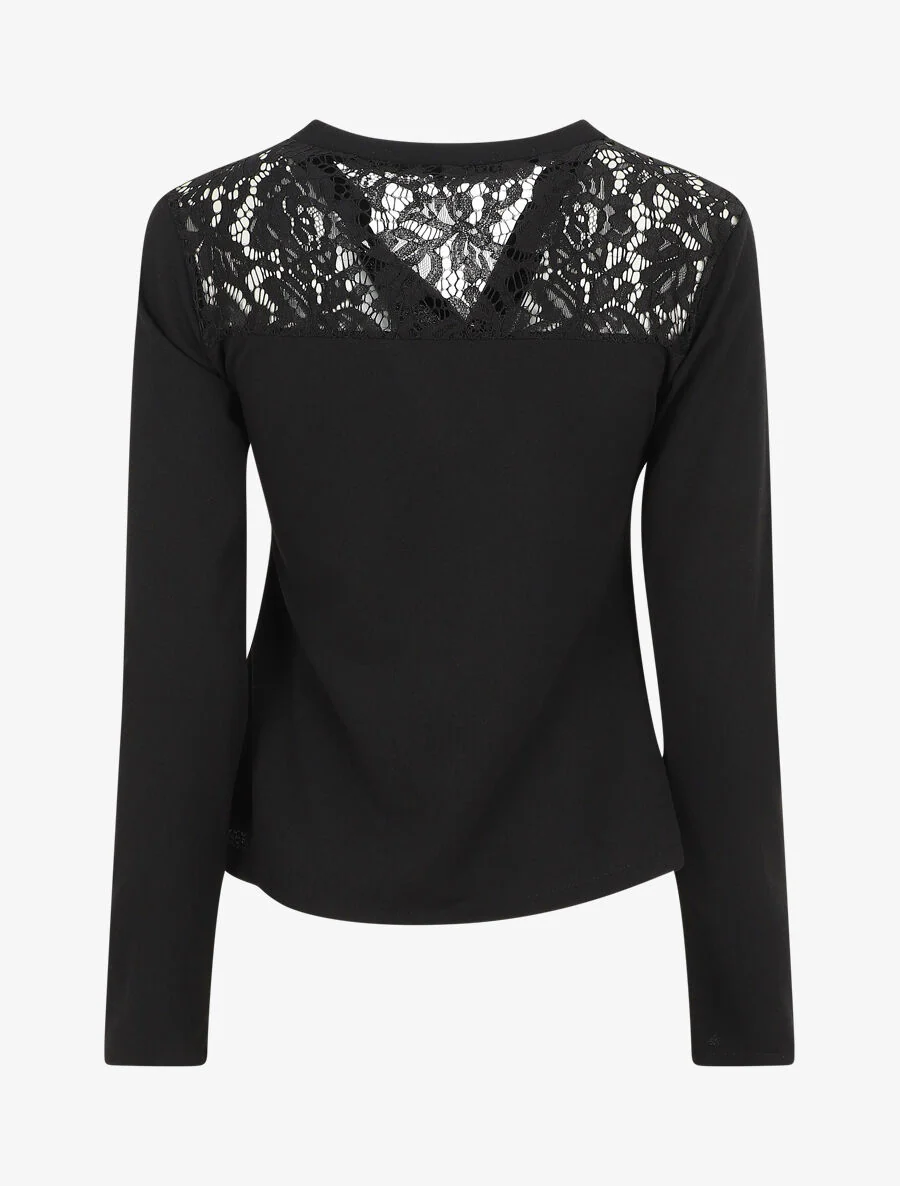 Blouse unie à dentelle - Noir - Image 2