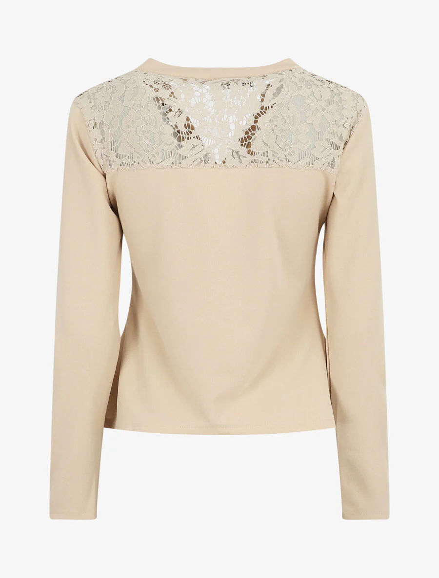 Blouse unie à dentelle - Beige - Image 2