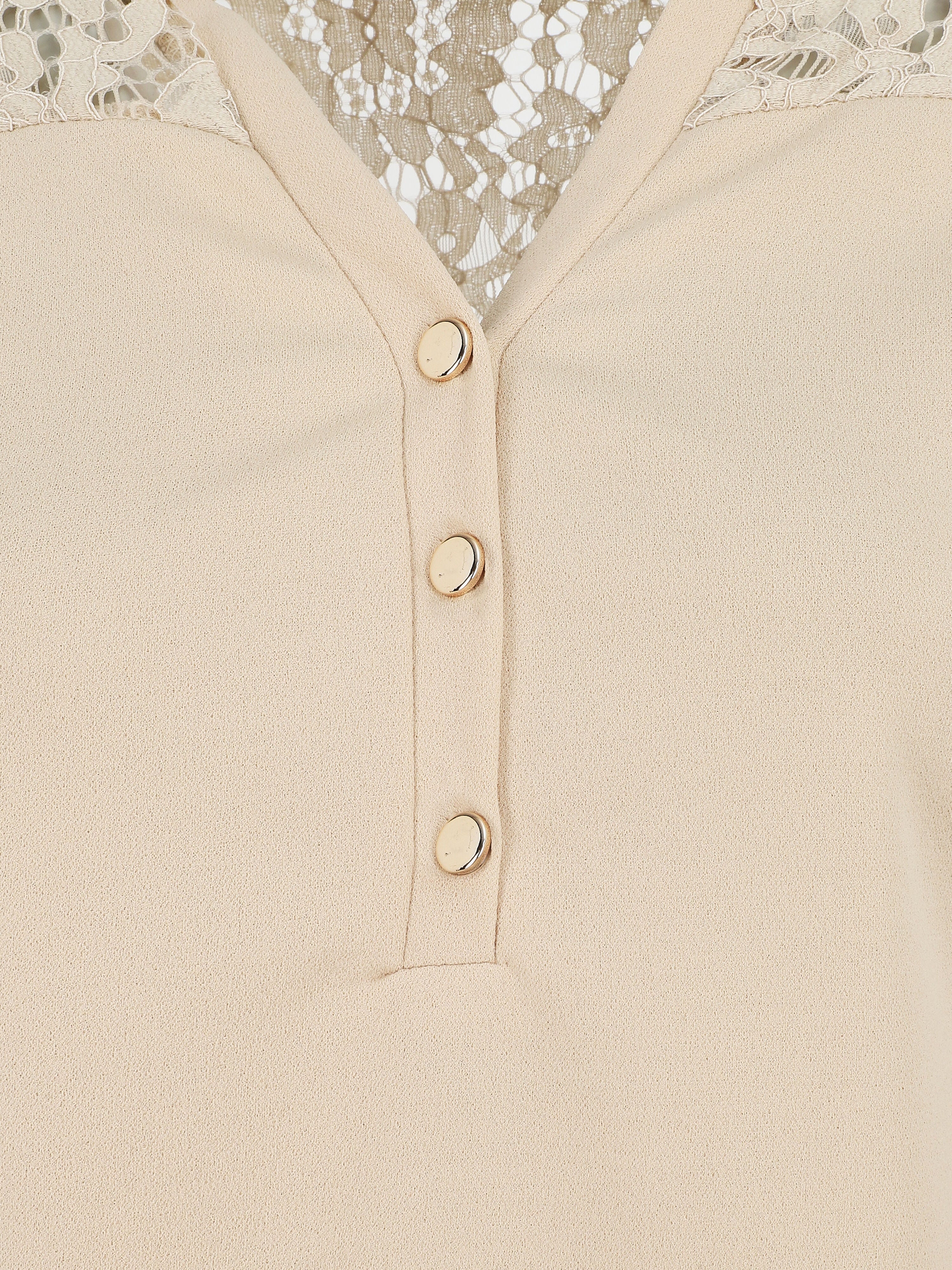 Blouse unie à dentelle - Beige - Image 3